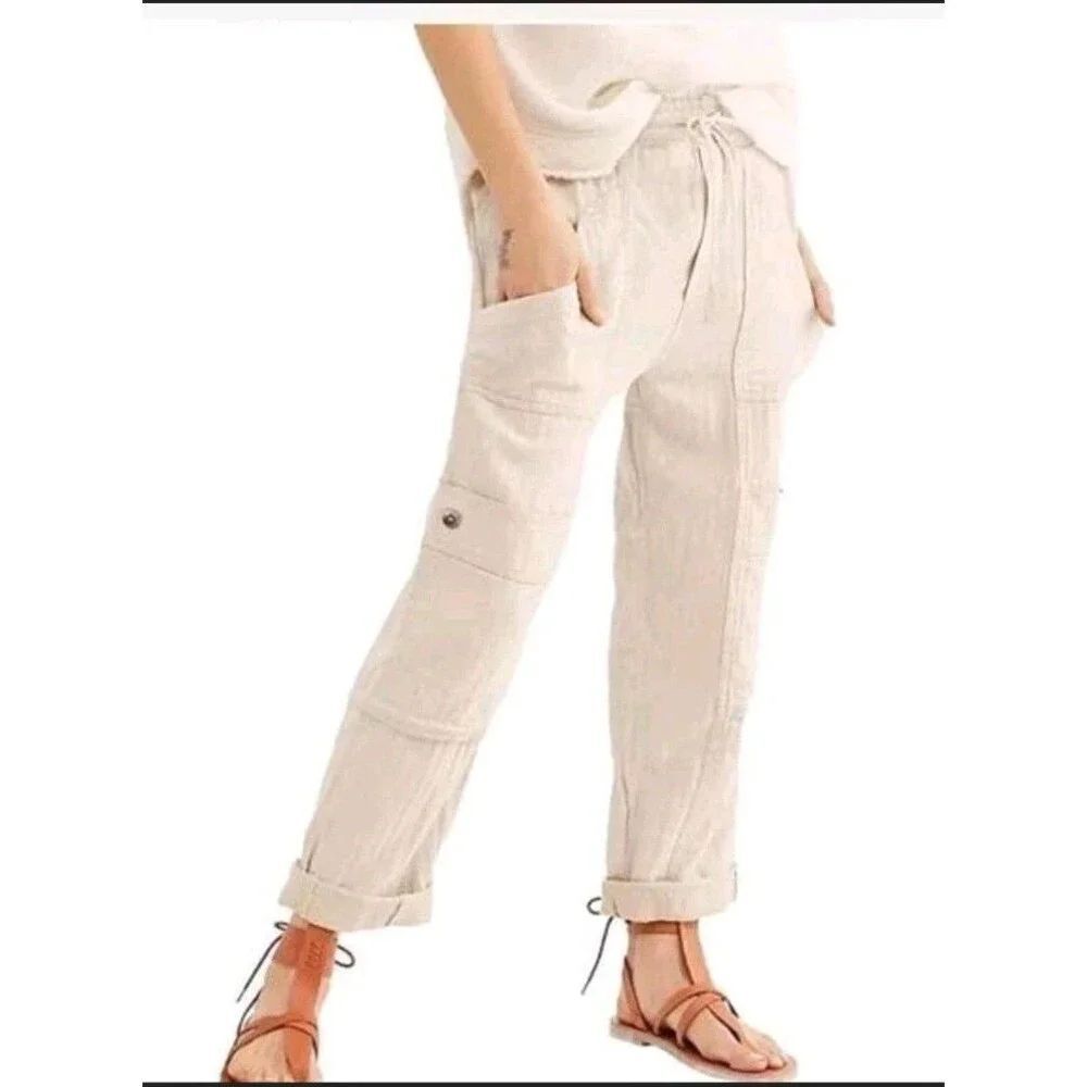 Free People Womens Size M Cream Linen Cotton Cargo Pants Summer Casual